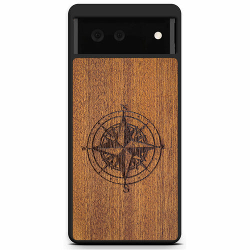 Compass Engraved Mahogany Wood iPhone Case – Luxury MagSafe Compatible Slim Protective Phone Cover