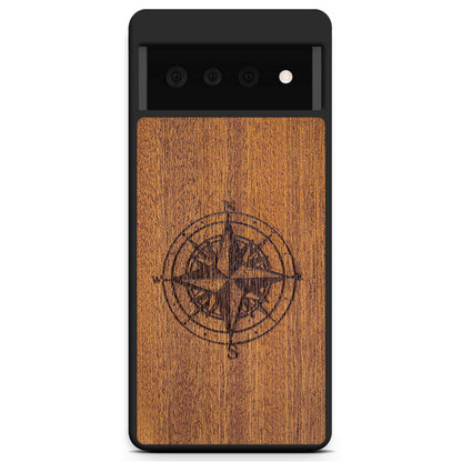 Compass Engraved Mahogany Wood iPhone Case – Luxury MagSafe Compatible Slim Protective Phone Cover