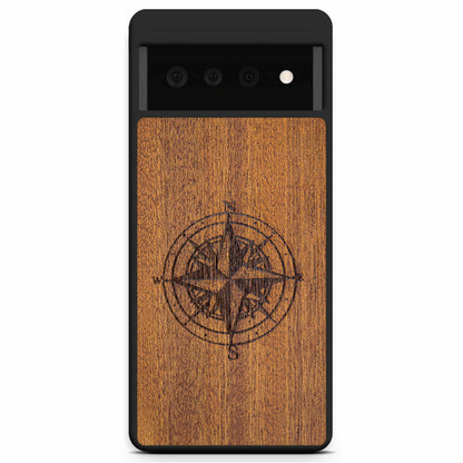 Compass Engraved Mahogany Wood iPhone Case – Luxury MagSafe Compatible Slim Protective Phone Cover