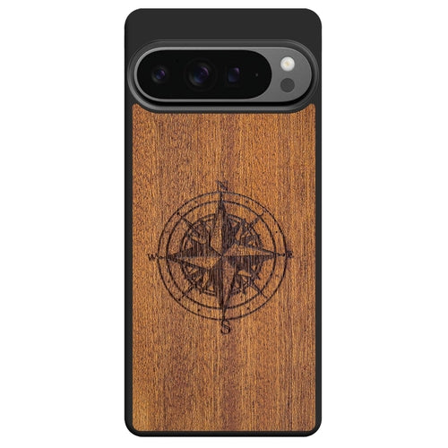 Compass Engraved Mahogany Wood iPhone Case – Luxury MagSafe Compatible Slim Protective Phone Cover