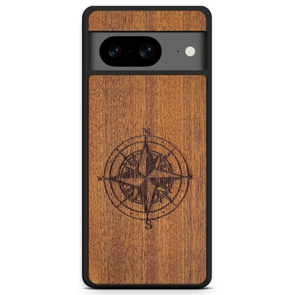 Compass Engraved Mahogany Wood iPhone Case – Luxury MagSafe Compatible Slim Protective Phone Cover