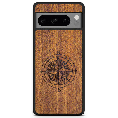 Compass Engraved Mahogany Wood iPhone Case – Luxury MagSafe Compatible Slim Protective Phone Cover