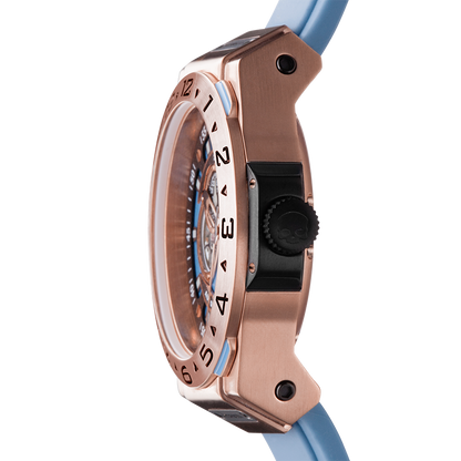 Vento Rose Gold Light Blue Automatic GMT Watch – Swiss Design Rose Gold Plated Diver-Style Watch with Japanese Movement
