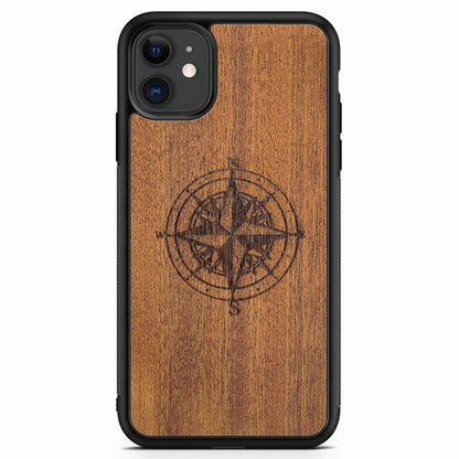 Compass Engraved Mahogany Wood iPhone Case – Luxury MagSafe Compatible Slim Protective Phone Cover