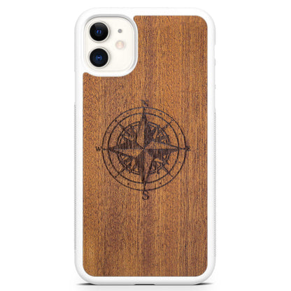 Compass Engraved Mahogany Wood iPhone Case – Luxury MagSafe Compatible Slim Protective Phone Cover