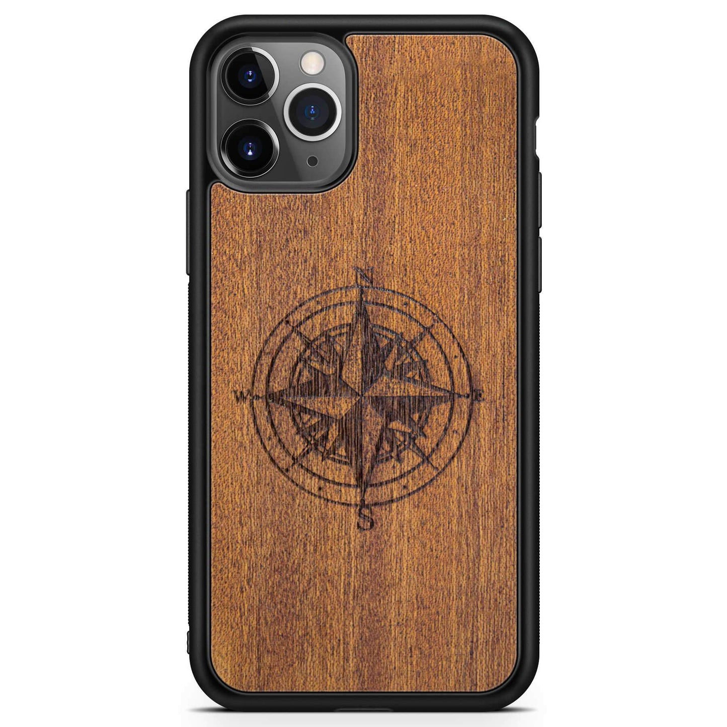 Compass Engraved Mahogany Wood iPhone Case – Luxury MagSafe Compatible Slim Protective Phone Cover
