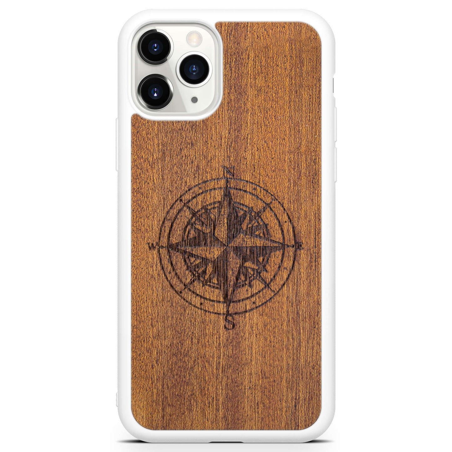 Compass Engraved Mahogany Wood iPhone Case – Luxury MagSafe Compatible Slim Protective Phone Cover