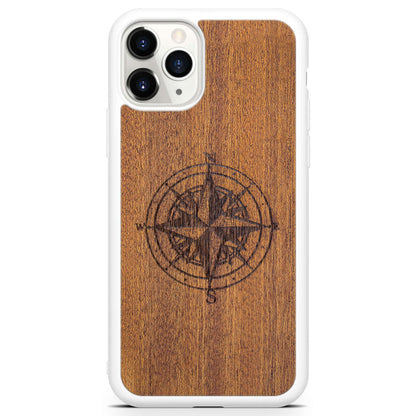Compass Engraved Mahogany Wood iPhone Case – Luxury MagSafe Compatible Slim Protective Phone Cover
