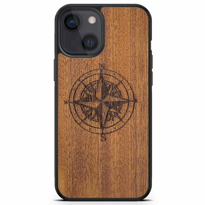 Compass Engraved Mahogany Wood iPhone Case – Luxury MagSafe Compatible Slim Protective Phone Cover