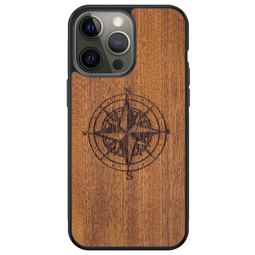 Compass Engraved Mahogany Wood iPhone Case – Luxury MagSafe Compatible Slim Protective Phone Cover
