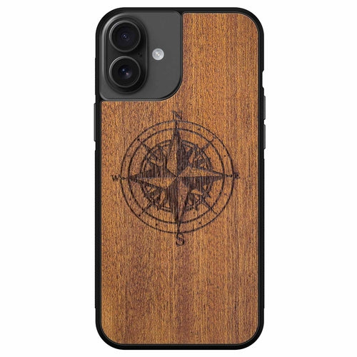 Compass Engraved Mahogany Wood iPhone Case – Luxury MagSafe Compatible Slim Protective Phone Cover