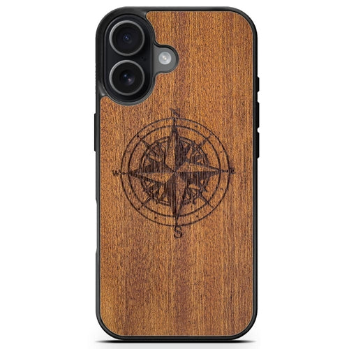 Compass Engraved Mahogany Wood iPhone Case – Luxury MagSafe Compatible Slim Protective Phone Cover