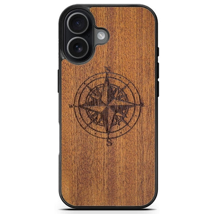 Compass Engraved Mahogany Wood iPhone Case – Luxury MagSafe Compatible Slim Protective Phone Cover