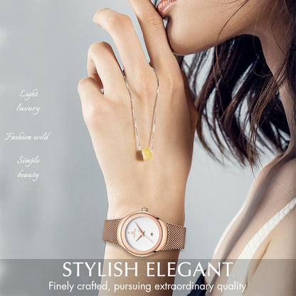 Women’s Rose Gold Minimalist Watch – Ultra Slim Quartz Dress Watch with Date – Luxury Gift for Her