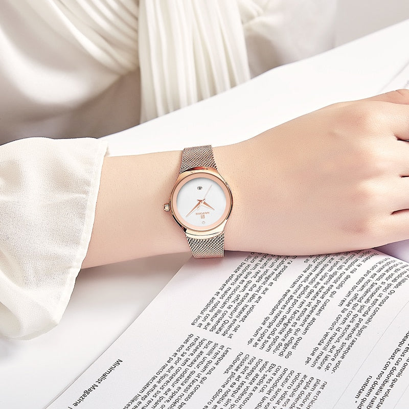 Women’s Rose Gold Minimalist Watch – Ultra Slim Quartz Dress Watch with Date – Luxury Gift for Her