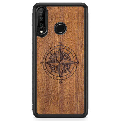 Compass Engraved Mahogany Wood iPhone Case – Luxury MagSafe Compatible Slim Protective Phone Cover