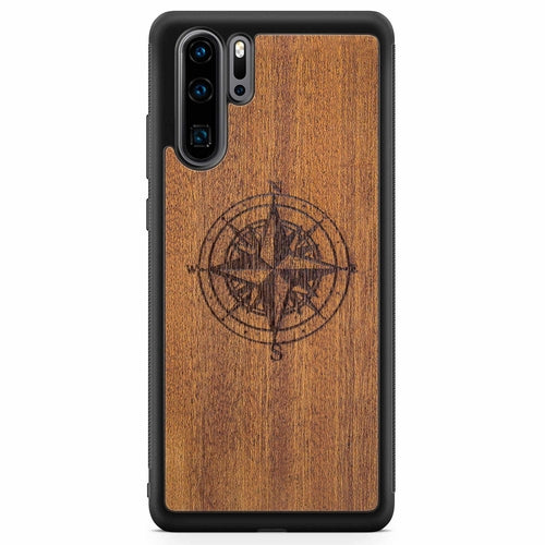 Compass Engraved Mahogany Wood iPhone Case – Luxury MagSafe Compatible Slim Protective Phone Cover