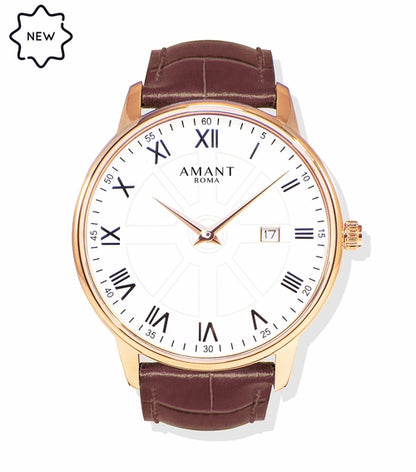 AMANT Roma Petite Luxury Watch – 36mm Ultra-Thin Roman Numerals Sapphire Glass Dress Watch with Leather Strap