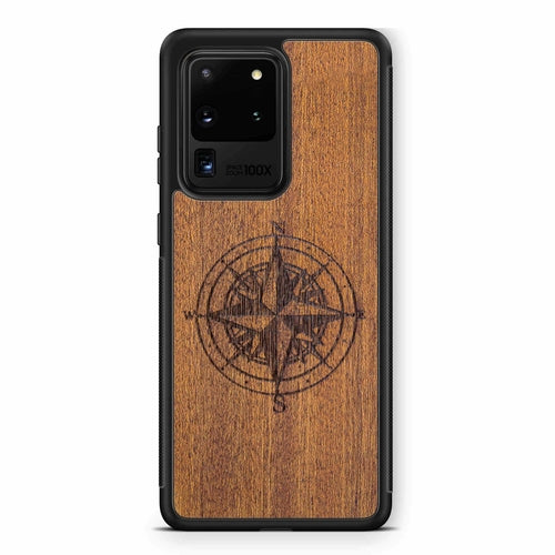 Compass Engraved Mahogany Wood iPhone Case – Luxury MagSafe Compatible Slim Protective Phone Cover