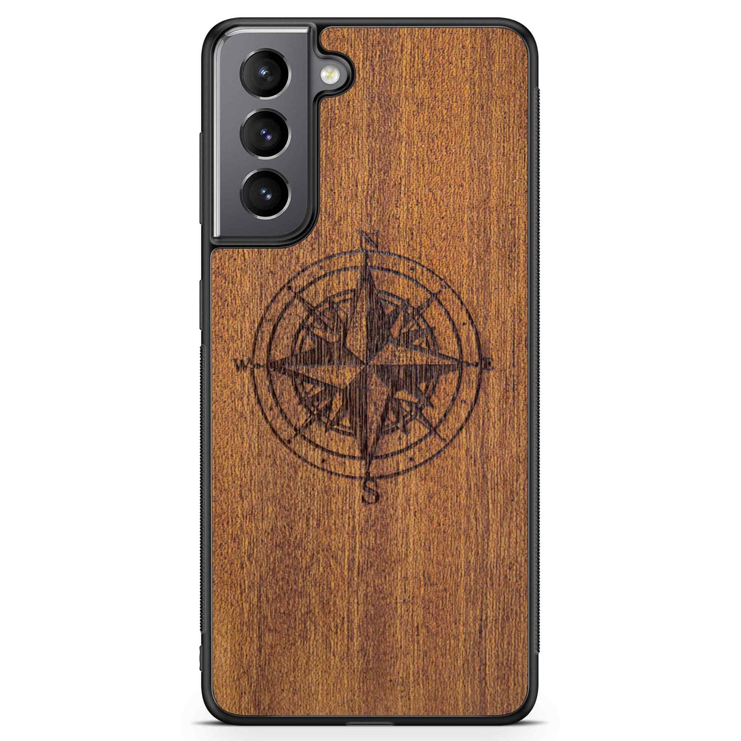Compass Engraved Mahogany Wood iPhone Case – Luxury MagSafe Compatible Slim Protective Phone Cover
