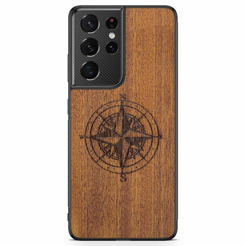 Compass Engraved Mahogany Wood iPhone Case – Luxury MagSafe Compatible Slim Protective Phone Cover