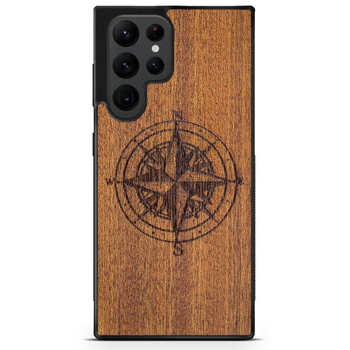 Compass Engraved Mahogany Wood iPhone Case – Luxury MagSafe Compatible Slim Protective Phone Cover