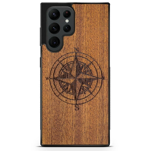 Compass Engraved Mahogany Wood iPhone Case – Luxury MagSafe Compatible Slim Protective Phone Cover