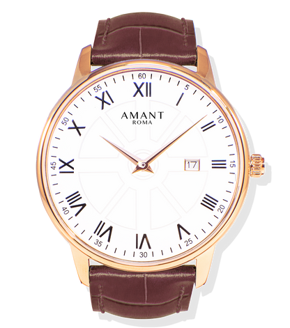 AMANT Roma Men’s Ultra-Thin Watch – Rose Gold Roman Numerals Sapphire Crystal Italian Leather – Luxury Dress Watch Gift for Him