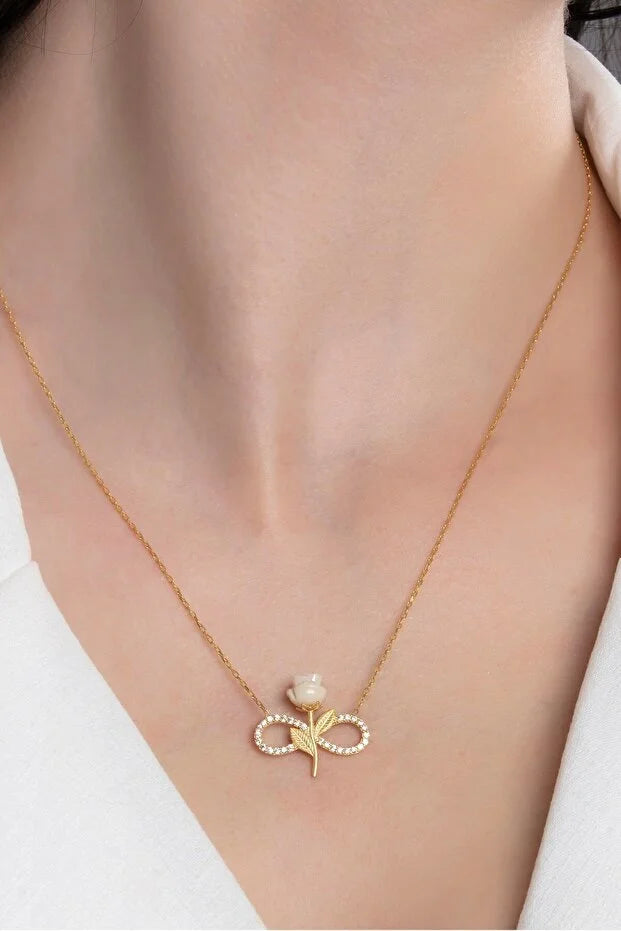 Sterling Silver Gold Plated White Rose Infinity Necklace Zircon