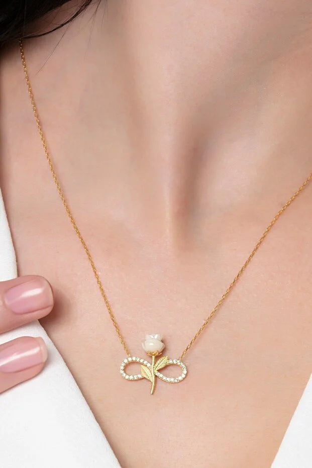 Sterling Silver Gold Plated White Rose Infinity Necklace Zircon