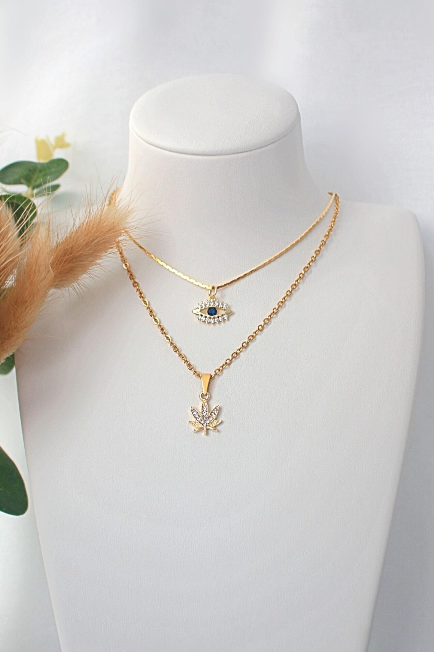 24K Gold Plated Dainty Cannabis Leaf Pendant Necklace with Cubic Zirconia