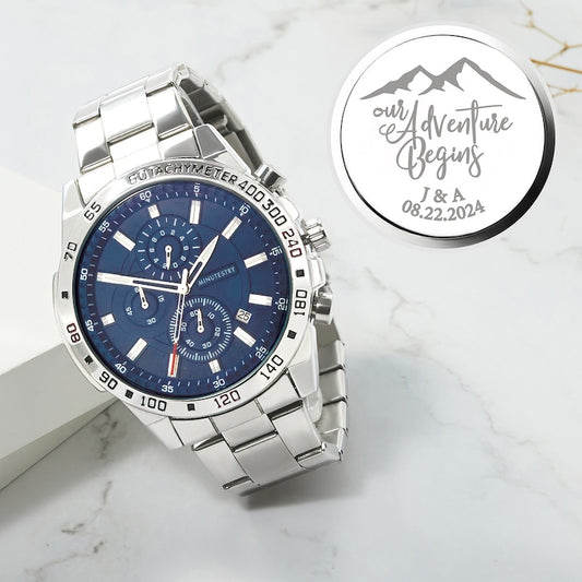 Custom Engraved Men’s Chronograph Watch – Our Adventure Begins Mountain – Anniversary Gift for Him