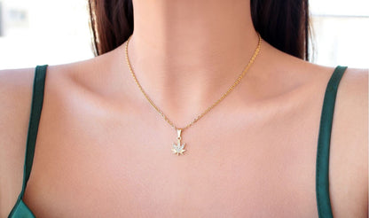 24K Gold Plated Dainty Cannabis Leaf Pendant Necklace with Cubic Zirconia
