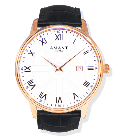 AMANT Roma Men’s Ultra-Thin Watch – Rose Gold Roman Numerals Sapphire Crystal Italian Leather – Luxury Dress Watch Gift for Him
