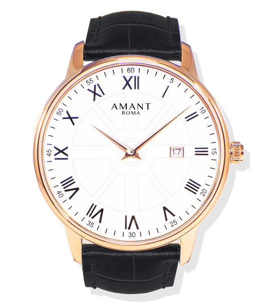 AMANT Roma Men’s Ultra-Thin Watch – Rose Gold Roman Numerals Sapphire Crystal Italian Leather – Luxury Dress Watch Gift for Him