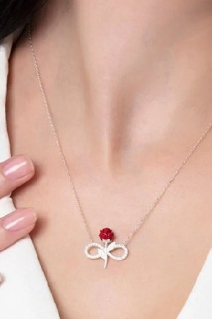 925 Sterling Silver Red Rose Infinity Necklace with White Stone