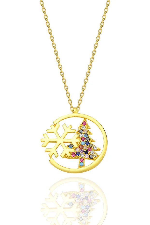 925 Sterling Silver Christmas Tree & Snowflake Necklace – Hypoallergenic Crystal Winter Pendant