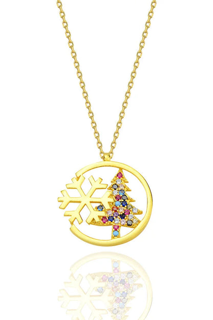 925 Sterling Silver Christmas Tree & Snowflake Necklace – Hypoallergenic Crystal Winter Pendant