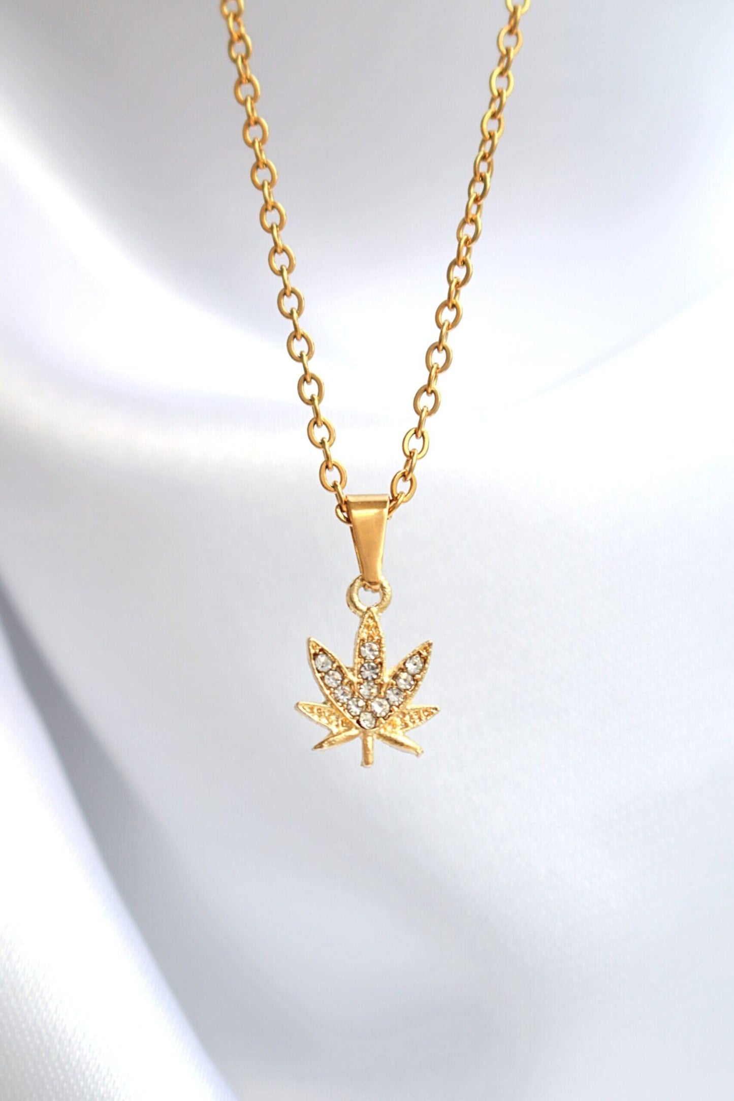 24K Gold Plated Dainty Cannabis Leaf Pendant Necklace with Cubic Zirconia