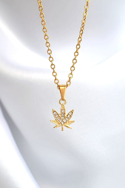 24K Gold Plated Dainty Cannabis Leaf Pendant Necklace with Cubic Zirconia