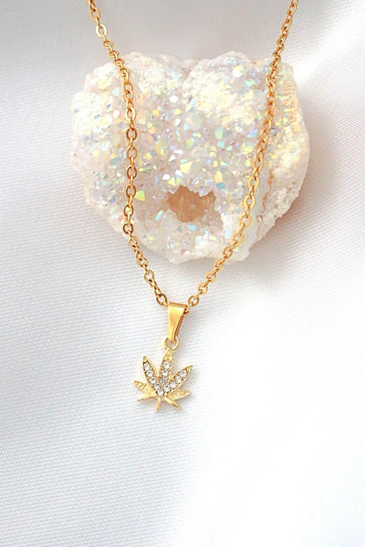 24K Gold Plated Dainty Cannabis Leaf Pendant Necklace with Cubic Zirconia