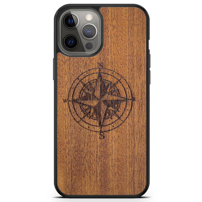 Compass Engraved Mahogany Wood iPhone Case – Luxury MagSafe Compatible Slim Protective Phone Cover