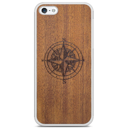 Compass Engraved Mahogany Wood iPhone Case – Luxury MagSafe Compatible Slim Protective Phone Cover