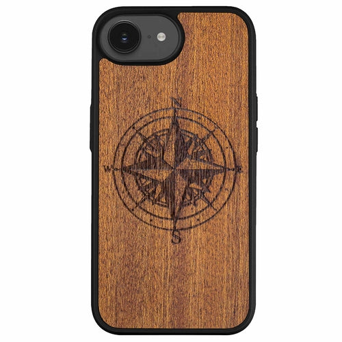 Compass Engraved Mahogany Wood iPhone Case – Luxury MagSafe Compatible Slim Protective Phone Cover