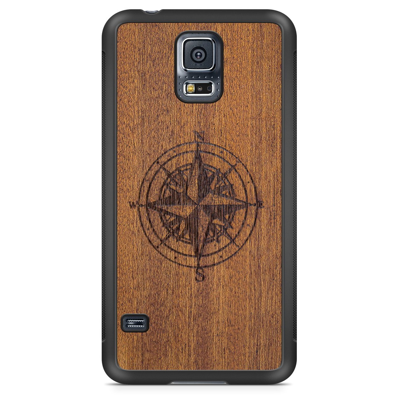 Compass Engraved Mahogany Wood iPhone Case – Luxury MagSafe Compatible Slim Protective Phone Cover