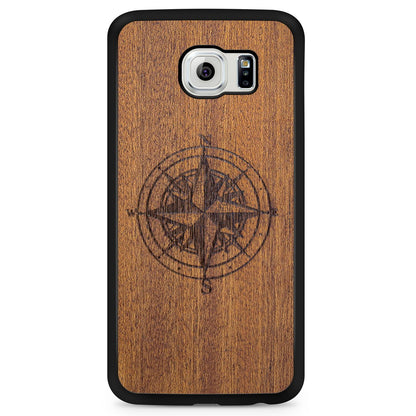 Compass Engraved Mahogany Wood iPhone Case – Luxury MagSafe Compatible Slim Protective Phone Cover