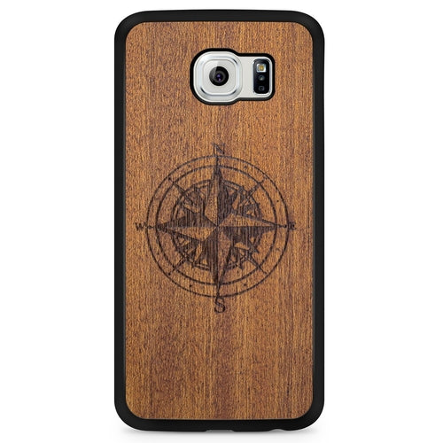 Compass Engraved Mahogany Wood iPhone Case – Luxury MagSafe Compatible Slim Protective Phone Cover
