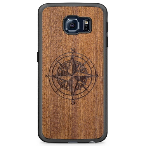 Compass Engraved Mahogany Wood iPhone Case – Luxury MagSafe Compatible Slim Protective Phone Cover