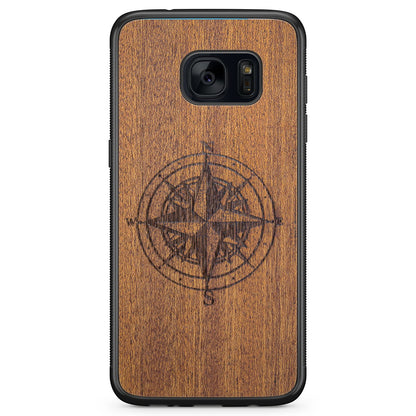 Compass Engraved Mahogany Wood iPhone Case – Luxury MagSafe Compatible Slim Protective Phone Cover