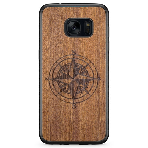 Compass Engraved Mahogany Wood iPhone Case – Luxury MagSafe Compatible Slim Protective Phone Cover